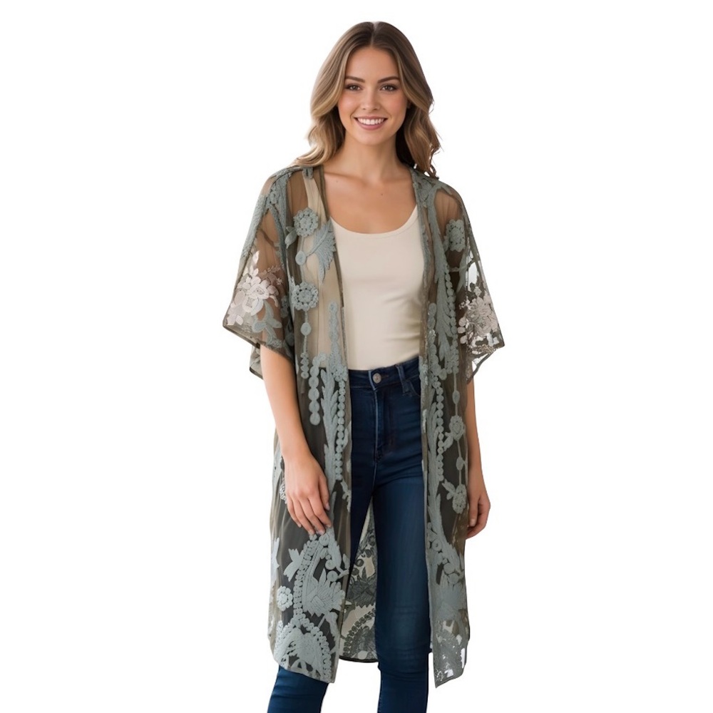 Origami by Vivian Green Crochet Floral Lace Mesh Kimono Cardigan Free Size